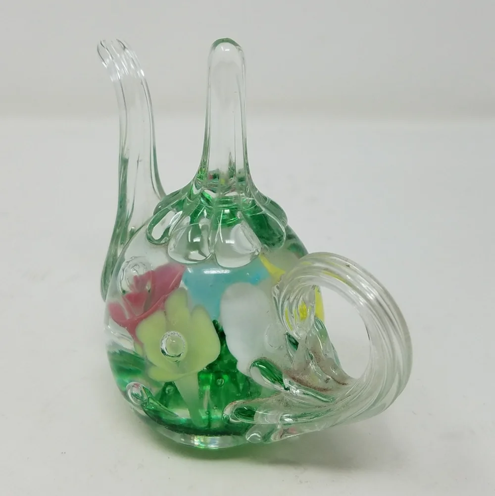 Vtg Joe St Clair clear Studio Art Glass teapot paperweight ring holder vanity‎